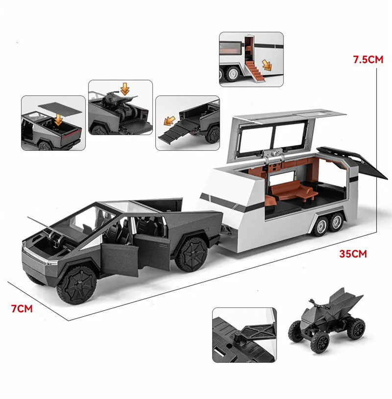 Miniatura de Caminhonete Cybertruck Trailer Caravan Escala 1/32